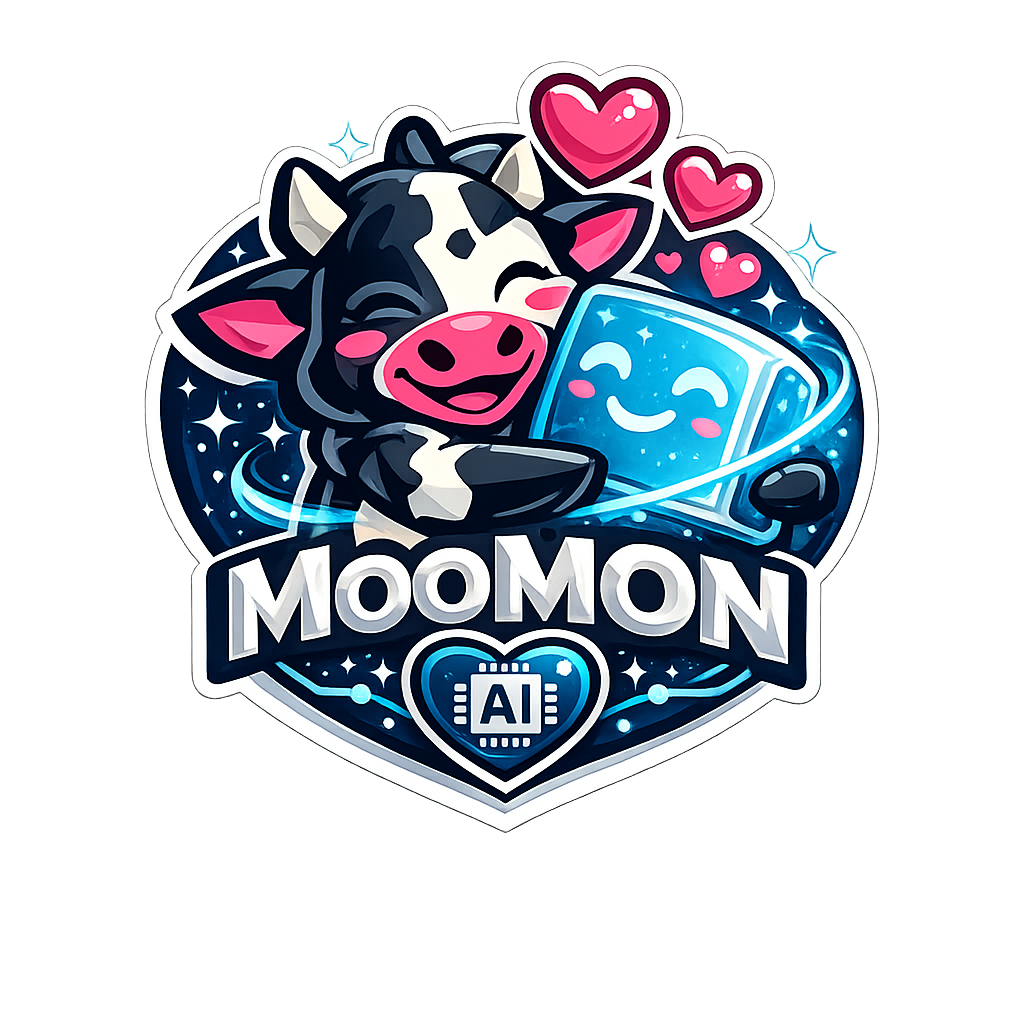 mooMON loves AI — the cow hugging a friendly AI companion