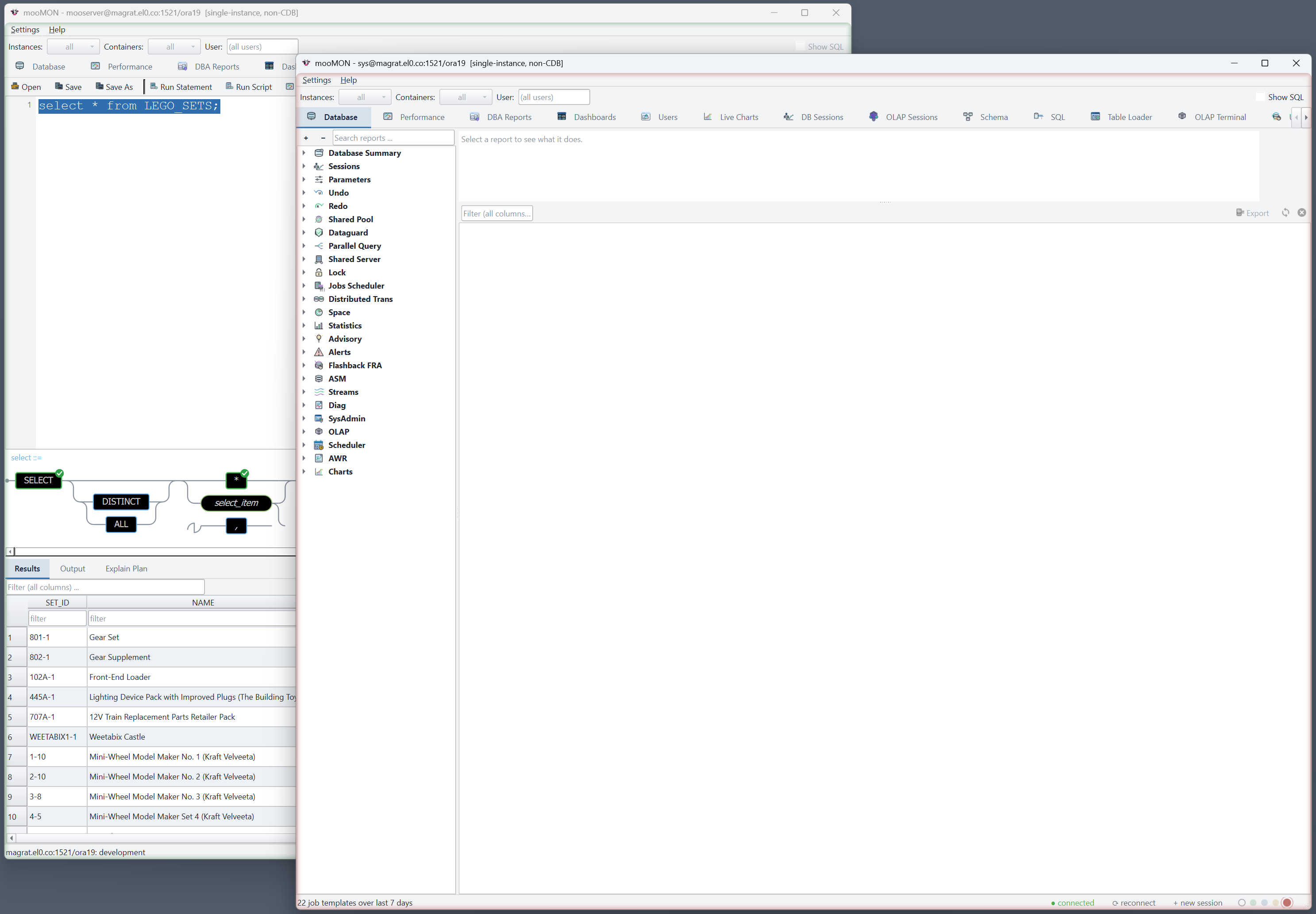 Two mooMON windows, production and development, colour-coded