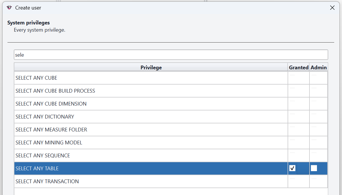 Create user step 4 — generated SQL