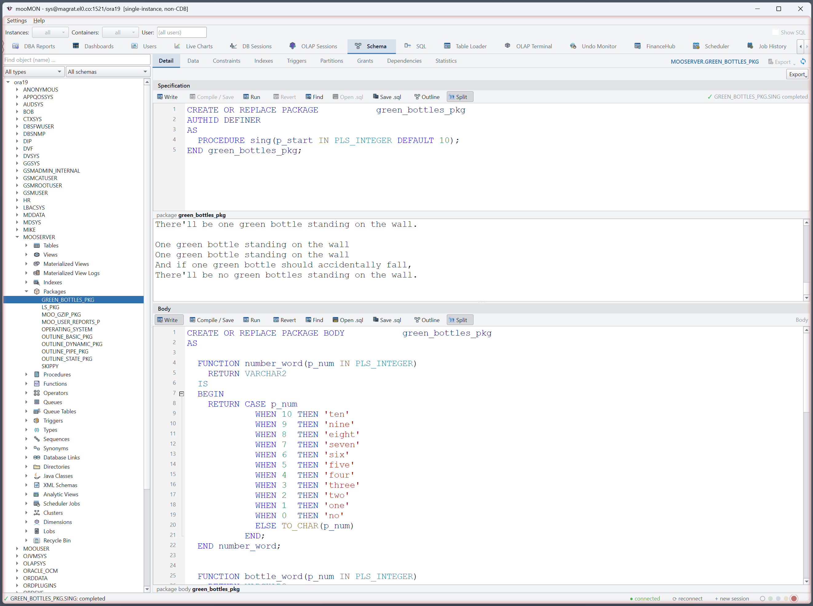 PL/SQL editor with a package spec and body