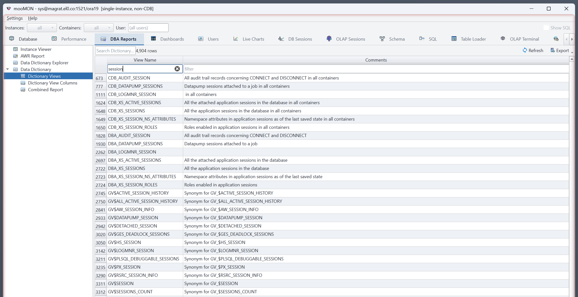 DBA Reports tab